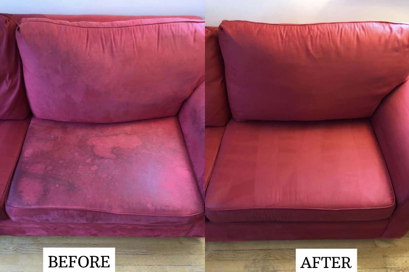 Stained red sofa cushion before cleaning and the same sofa fully restored after