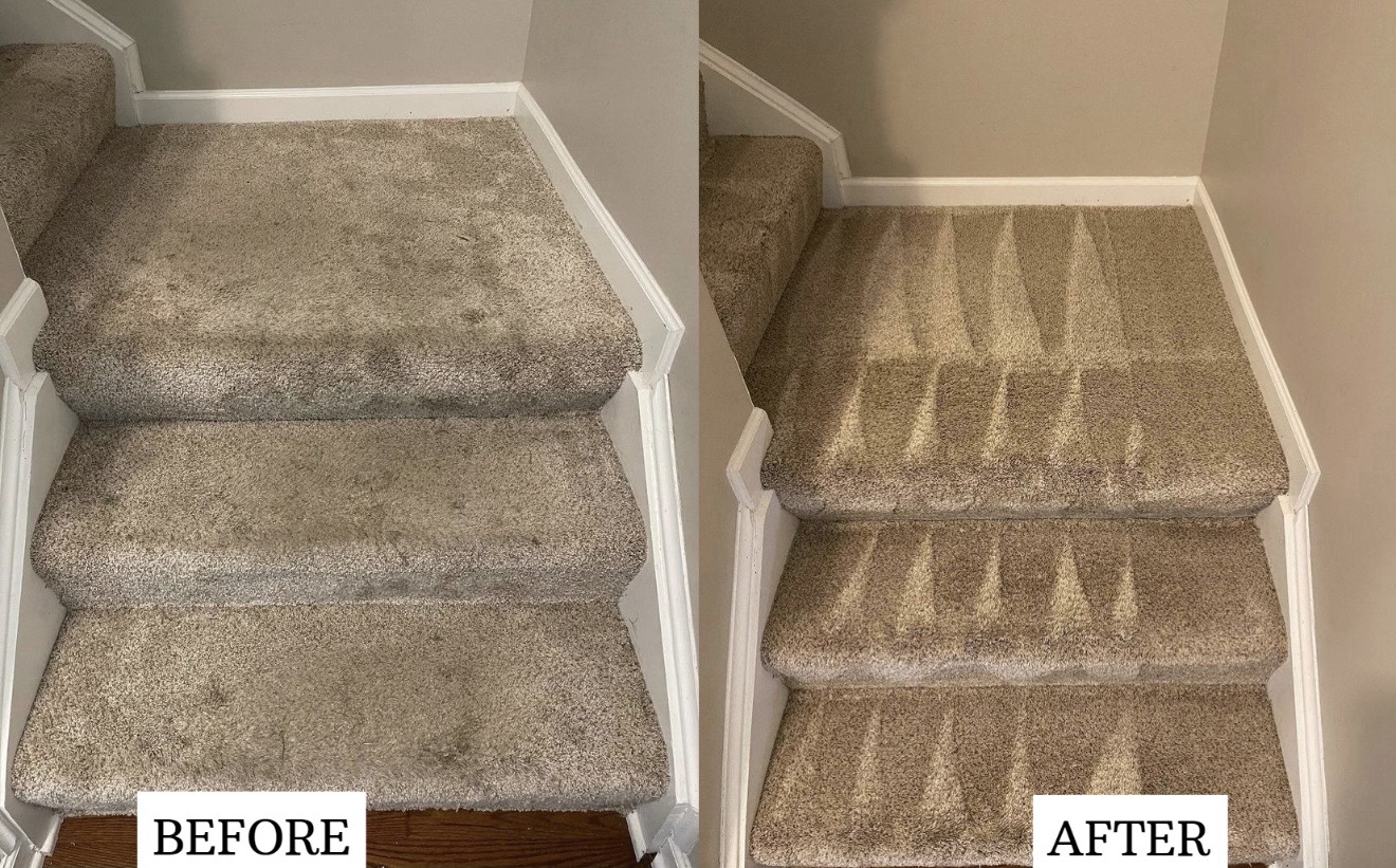 Dirty carpeted stairs before steam cleaning and the same stairs freshly cleaned after