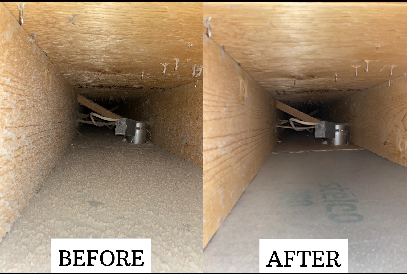 Residential air duct shown before and after professional cleaning
